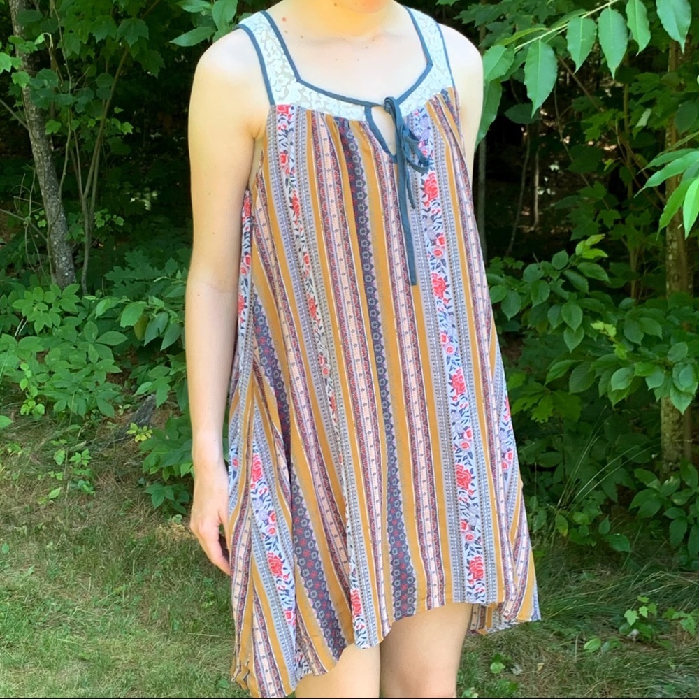 FREE PEOPLE tan striped and floral swing dress, XS.